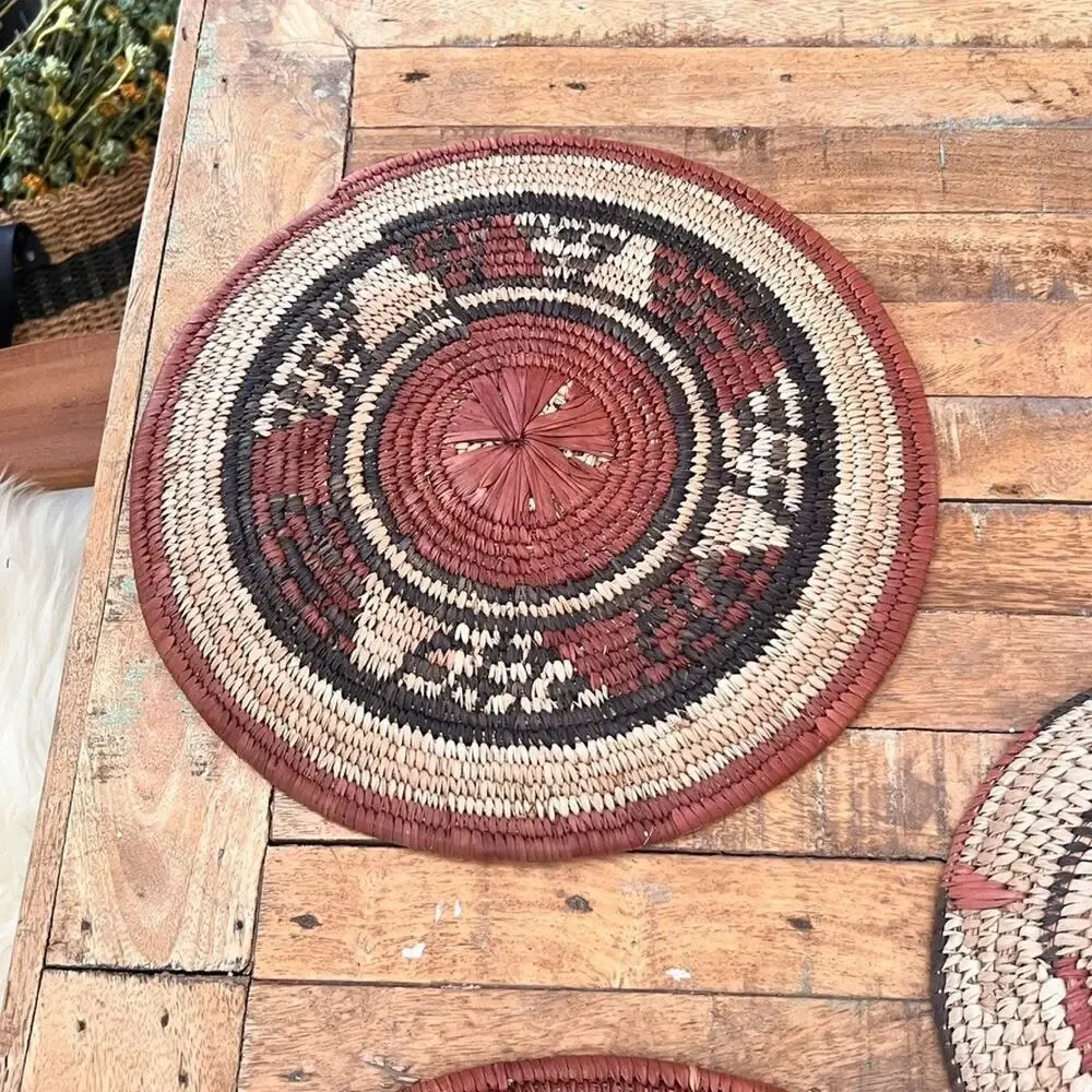Set Of 3 African Fulani Mbeedu Rounded Flat Bowl Woven Baskets Boho